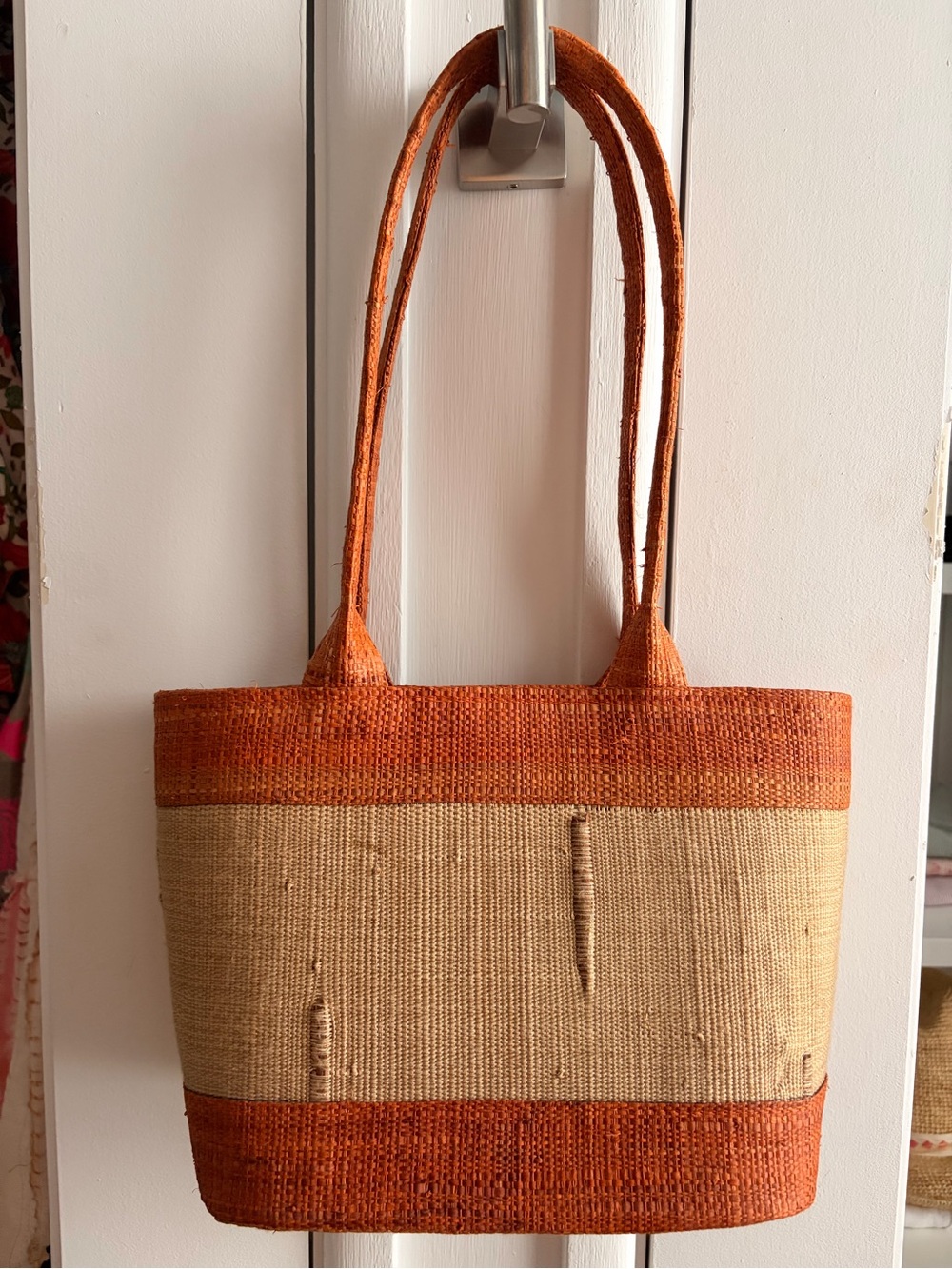 Woven Straw Mini Tote Bag in Orange and Natural